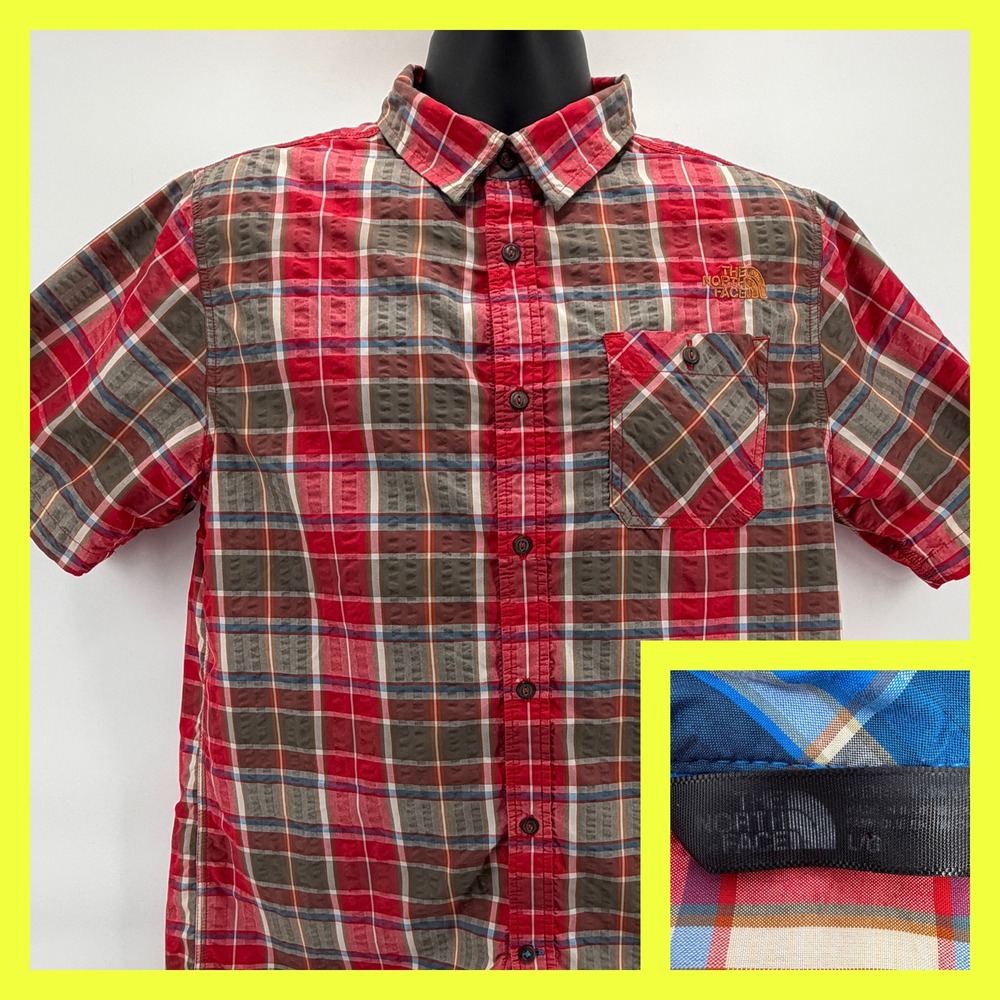 The North‎ Face Mens Large Red Plaid Short Sleeve Button Down Hiking Shirt L